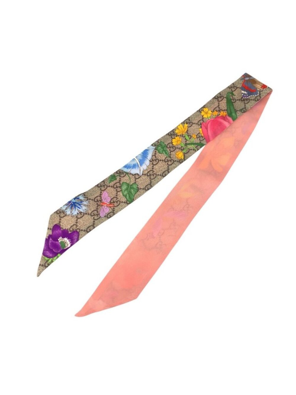 Gucci Flora Print GG Pattern Beige Multicolor Silk Scarf Ribbon - Picture 2 of 6